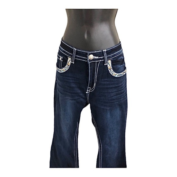 Beautiful embroidered sequined exposed stitching crystal studded blue jeans new - Picture 8 of 17